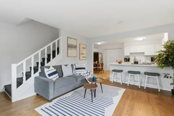 Open living and kitchen area in a sober living home