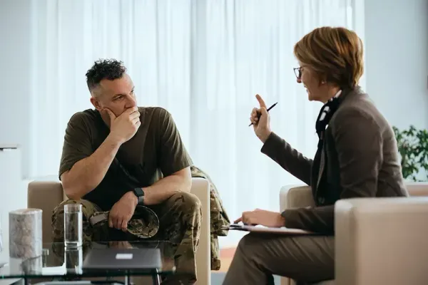 Veteran in addiction treatment consultation