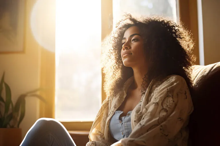 Person sitting near window in morning contemplating ptsd and alcohol abuse